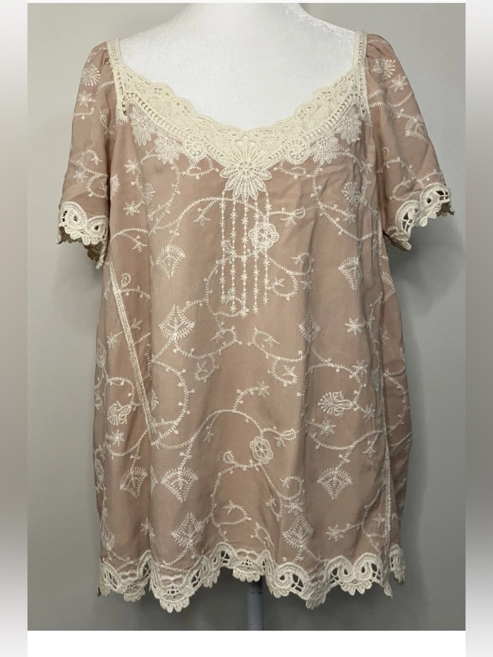Democracy Blush Pink Embroidered Lace-Trim Tunic